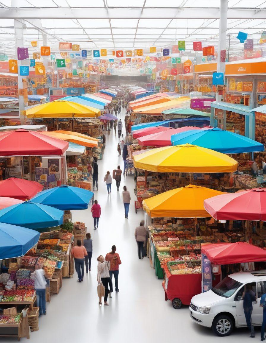 A person standing in front of a large, colorful marketplace filled with various insurance icons like health, auto, and home, symbolizing choices and coverage. The scene should have a friendly, approachable vibe, with people engaging in discussions about insurance. Include signposts pointing to different types of insurance options, and vibrant colors to evoke a sense of optimism and affordability. super-realistic. vibrant colors. white background.