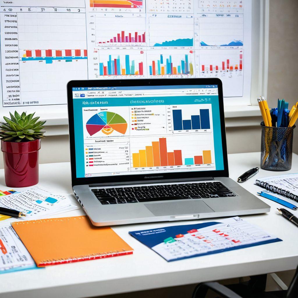 A modern, organized workspace featuring a tailor's measuring tape, insurance forms, and a laptop displaying charts and graphs on coverage options. In the background, a soft, inspiring light illuminates personal finance books and a calendar marked with key insurance deadlines. The scene conveys a sense of professionalism and preparedness. super-realistic. vibrant colors. white background.